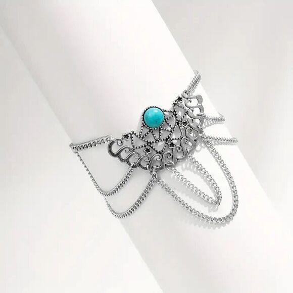 Boho Flower Inlaid Turquoise Multilayer Tassel Arm Chain Cuff - Picture 8 of 9